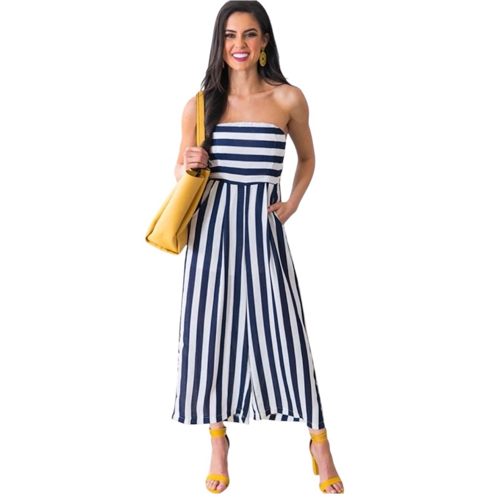 Impressions Soul Mate Stripe Jumpsuit in Navy Size Small